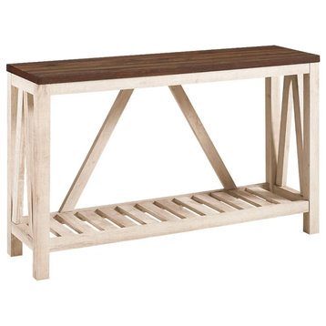 Farmhouse Console Table, Slatted Bottom Shelf & Large Top, White Oak/Dark Walnut