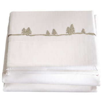 Embroidered Pine Trees Cotton Cabin Bed Sheets, Off White, Twin