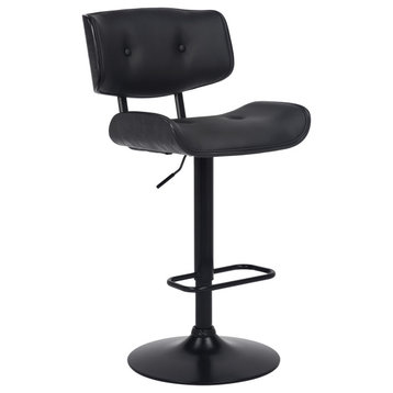 Brooklyn Adjustable Swivel Faux Leather and Wood Bar Stool With Metal Base, Black