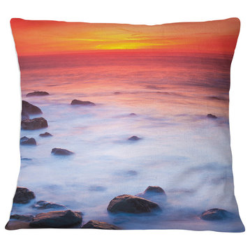 Bright Red Rocky Coast Sunset Seashore Throw Pillow, 16"x16"