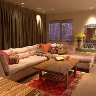 Inspiration for a large traditional enclosed home cinema in San Francisco with brown walls, carpet, a built-in media unit and yellow floors.