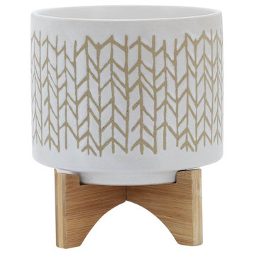 8" Chevron Planter With Wood Stand, Beige