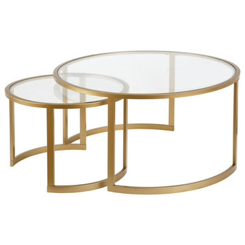 Set of 2 Coffee Table, Nesting Design With Brass Finished Frame With Glass Top