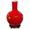 Red Cherry Blossom Chinese Porcelain Temple Vase, With Stand