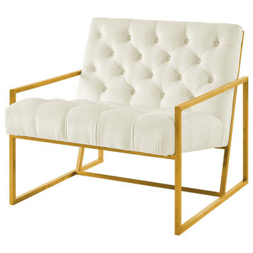 Button Tufted Velvet Chair, Gold Arm Chair, Lux Glam Lounge Club Chair, Ivory