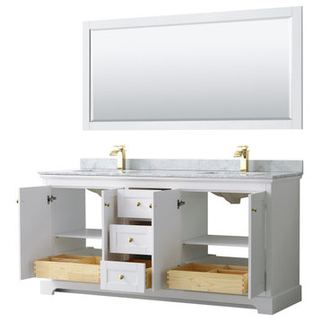 Avery 72" Double Vanity, White, Top, Square 70" Mirror, Brushed Gold Trim