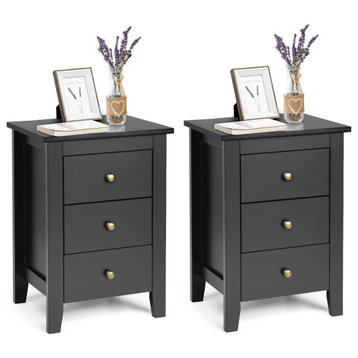 Set of 2 Modern Nightstand, 3 Storage Drawers With Rounded Brass Knobs, Black