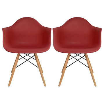 Set of 2 Modern Dining Plastic Side Chairs with Wood Wooden Cross Metal Legs, Maroon
