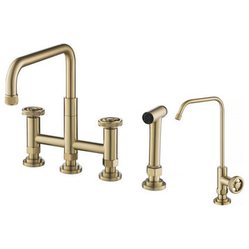 Urbix Bridge Kitchen Faucet, Brushed Gold, Water Dispenser Ff-101