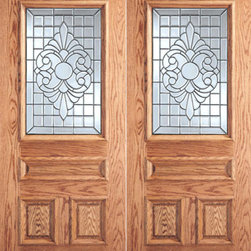 Scrollwork Grid Design Glass, 3-Panel 1/2 Lite Exterior Double Door - Front Doors