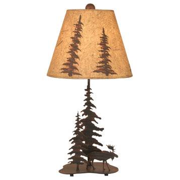 Burnt Sienna Iron Nature Scene Table Lamp With 2 Feather Trees and Moose