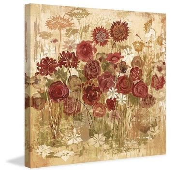 "Floral Frenzy Burgundy V" Painting Print on Wrapped Canvas