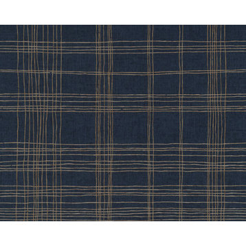 Plaided Textured Wallpaper, Geometric Lines, Blue Black Gold Metallic, 1 Roll