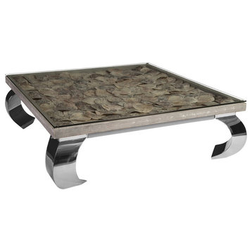 Shell Coffee Table, With Glass, Ming Stainless Steel Legs