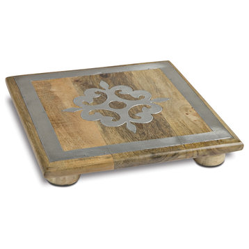 10-Inch Square Metal Inlaid-Detail Footed Wood Trivet