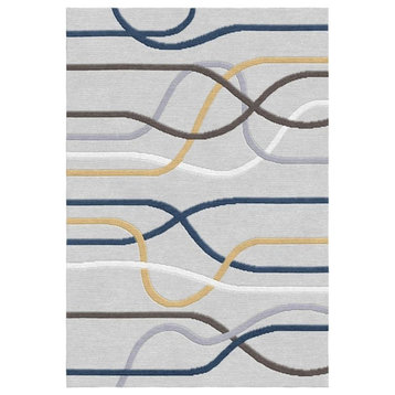 Grey/Blue/White Modern Hand-Knotted Indian Square Area Rug, Grey, 4'6"x6'6"