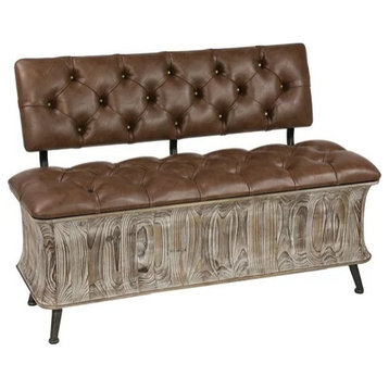Rustic Storage Bench, Elegant Button Tufted PU Leather Seat & Backrest, Brown