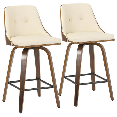 Gianna Counter Stool, Set of 2, Walnut Wood, Cream Pu, Black Metal