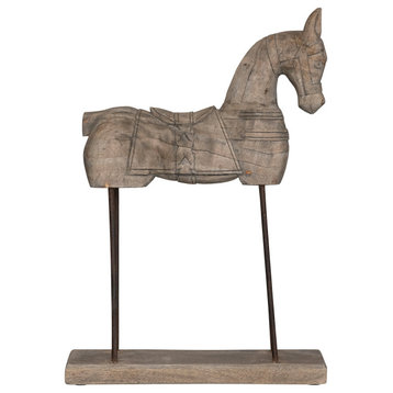 22" Mango Wood Horse Figurine on Metal Stand Decor, Distressed Bleached, Black