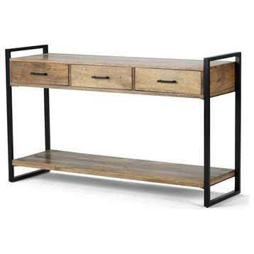 Industrial Console Table, Metal Frame With 3 Storage Drawers and Bottom Shelf