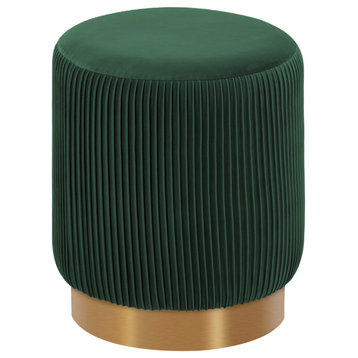 Round Pleated Golden Base Velvet Ottoman, Dark Green
