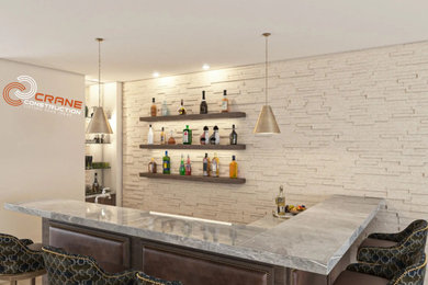 Small tuscan l-shaped beige floor home bar photo in San Francisco with floating shelves, brown cabinets, beige backsplash, brick backsplash and gray countertops