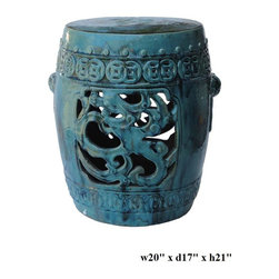 Chinese Blue Green Dragon Garden Clay Stool / Table - Accent And Garden Stools