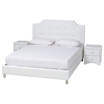Elegant Bed With Scalloped White PU Leather Headboard & 2 Nightstands, King