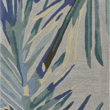 2' X 10' Grey Or Blue Tropical Leaves Wool Indoor Runner Rug