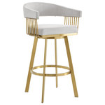 Armen Living - Chelsea Swivel Counter Stool, Gold Brushed Stainless Steel, Silver Fabric, 30" - Give a luxe and stylish upgrade to your home with the Chelsea Swivel Upholstered Counter or Bar Height Stool with a Metal frame by Armen Living. Our barstool is sure to impress with its thoughtful, contemporary design and eye-catching details. The hugging silhouette of this floating backrest flows seamlessly into the arms, which are supported by intricate metal detailing. The backrest and seat are generously padded in high-density foam and upholstered in performance fabric or high-quality faux leather for elevated style, comfort, and convenience. The Chelsea is perched upon tapered metal legs that come equipped with floor protectors, ensuring that the bar stool will not slip on or scratch hardwood or tile floors. This counter or bar stool can be styled anywhere from your kitchen to your home office to give a stunning upgrade to your kitchen island, pub table, home bar, or adjustable desk. The stool includes a built-in circular footrest to relieve pressure from your legs and offer a more comfortable sitting position. Its smooth 360-degree swivel function enhances your space efficiency and mobility, allowing you to effortlessly turn and engage in conversations while being able to sit closer together. The Chelsea Swivel Counter or Bar Height Stool is available in several different finishes, colors, and textile combinations to make a chic and stylish impact in any home. Choose whichever design suits your space, and enjoy this minimal assembly barstool that is sure to stand out!