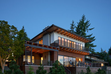 Imagen de fachada de casa marrón y gris retro de tamaño medio de dos plantas con revestimiento de madera, tejado de un solo tendido y tejado de metal