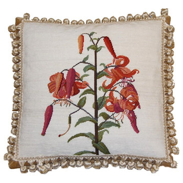 Petit Point Rusty Begonia Nature Background With Tassels Pillow, 18"x18"
