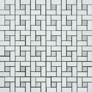 Thassos White Marble Polished Pinwheel Mosaic Tile w/ Ming-Green Dots