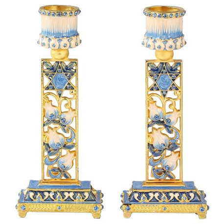 Shabbat Candlestick (2-Piece Set) Hand-Painted  Gold-Plated Pewter