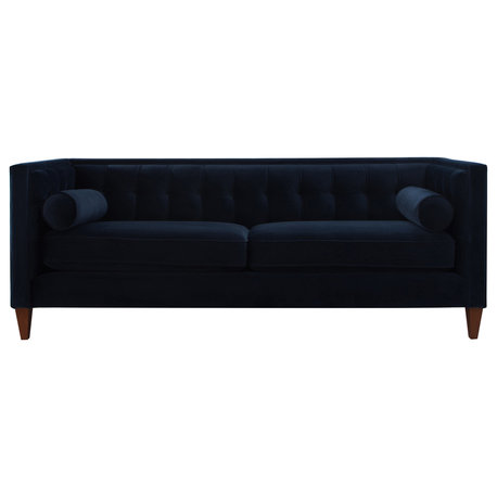 Jack 84" Modern Tuxedo Sofa with Bolster Pillows, Dark Navy Blue Velvet
