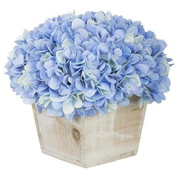 Artificial Blue Hydrangea in White-Washed Wood Cube