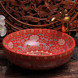 Traditional Chinese Red Painted Ceramic Sink - Bathroom Sinks