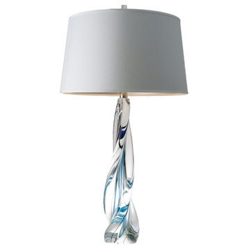 Twisted Art Glass Blue Clear Table Lamp  White Silk Shade Modern Sculpture