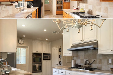 Mid-sized transitional u-shaped ceramic tile and beige floor kitchen photo in Los Angeles with a farmhouse sink, raised-panel cabinets, white cabinets, tile countertops, beige backsplash, ceramic backsplash, stainless steel appliances and no island