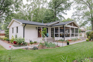 Mid-sized trendy white one-story wood exterior home photo in Raleigh with a shingle roof and a gray roof