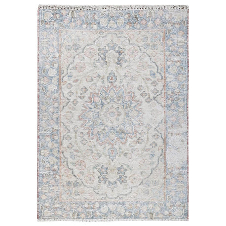 Ivory Old Persian Kerman Distressed Look Worn Wool Handknotted Mat Rug 2'0"x2'9"