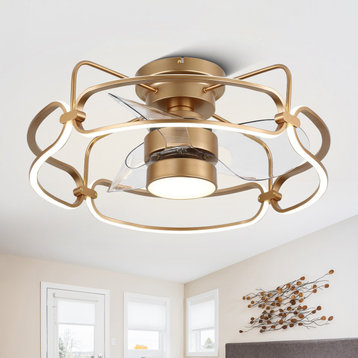 Modern Flush Mount Ceiling Fan with Dimmable LED Light and Remote Control, Gold