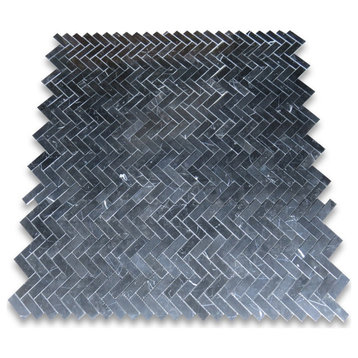 Nero Marquina Black Marble 1x3 Herringbone Mosaic Tile Polished, 1 sheet