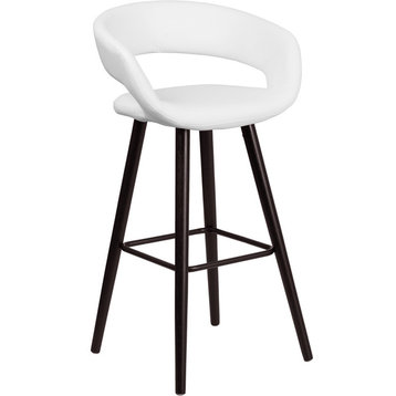 Brynn Series Vinyl Stool With Cappuccino Wood Frame, White, Bar Height