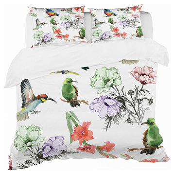 Hummingburds and Blosssoming Drawn Flowers Floral Duvet Cover, King
