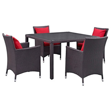 Modern Urban Outdoor Patio 5-Piece Dining Chairs and Table Set, Red, Rattan