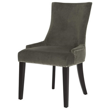 Transitional Dining Chair, Padded Seat & Low Sloped Arms With Nailhead, Graphite