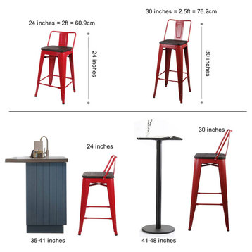 Metal Red Bar Stools With Middle Back Dark Wooden Seat, Set of 1