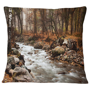 Stream in Autumn Forest Landscape Photography Throw Pillow, 18"x18"