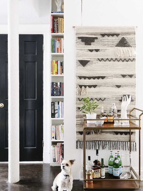 Scandinavian Home Bar Small scandinavian single-wall bar cart idea with dark hardwood floors